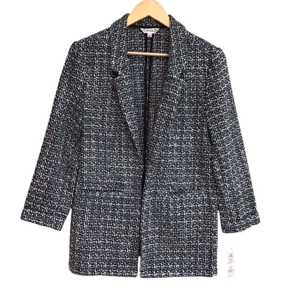 Nanette Lepore Very Black White Tweed Open Front Blazer Size Medium